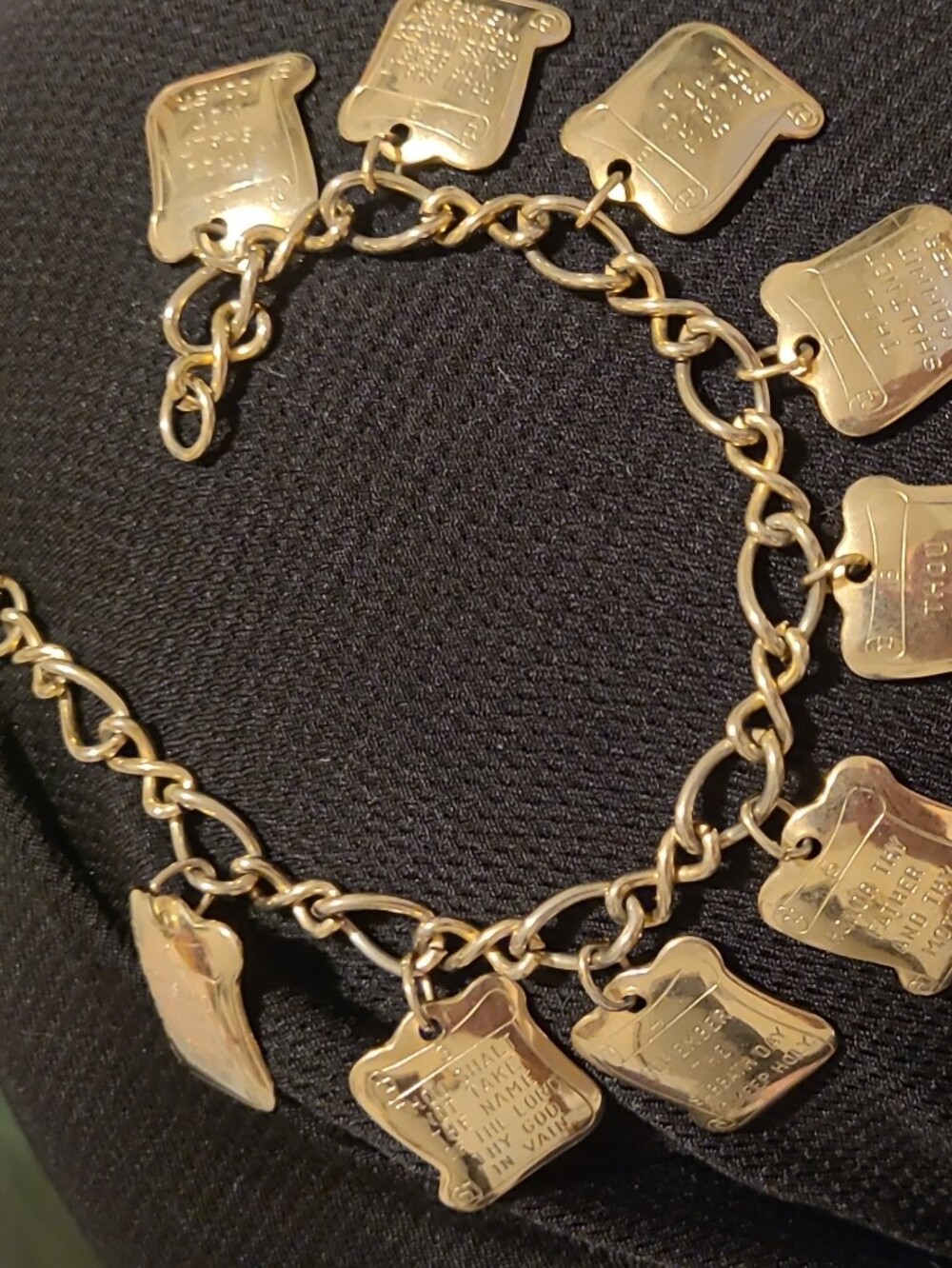 Gold-Tone Charm Bracelet with Inscribed Plaques - 10 Comandments Catholic
